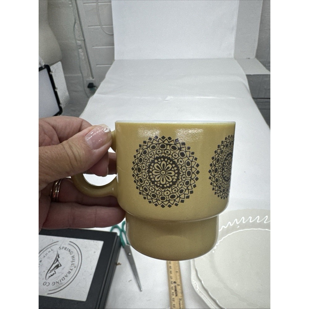 Vintage Milk Glass Stacking Mug Cup Mandala Tan Brown 1970s Farmhouse Cottage